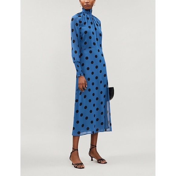 Reformation Valentin Blue & Black Polka-dot High Neck Midi Dress - Picture 5 of 14
